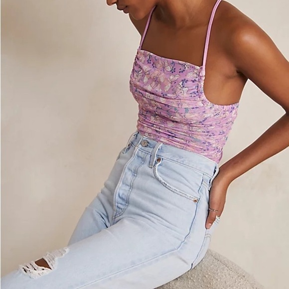 FREE People Pink Floral Butterfly Milkshake Mesh Lace Up Back Bodysuit sz Small - Picture 2 of 12